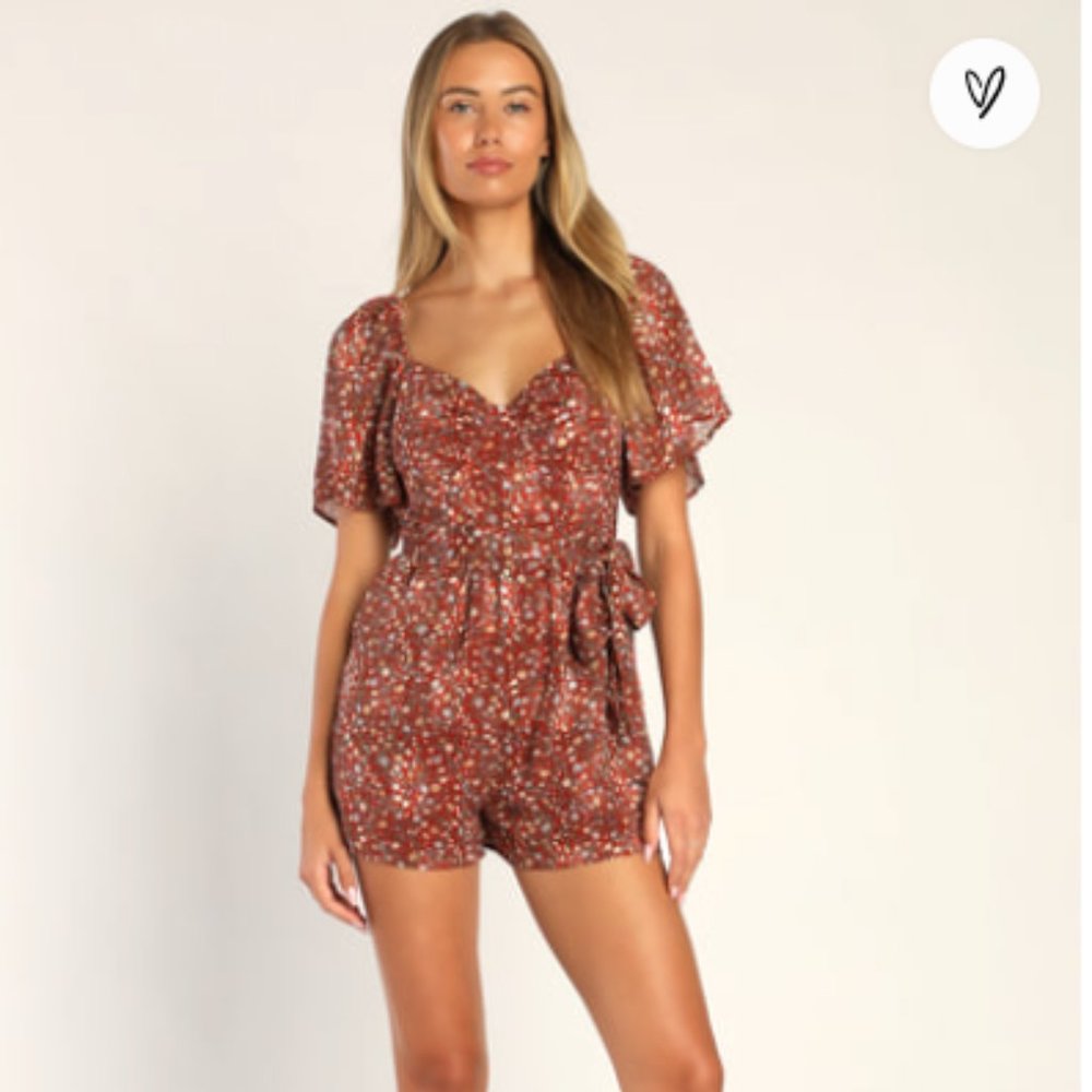 Rust Orange Floral Print Flutter Sleeve Romper